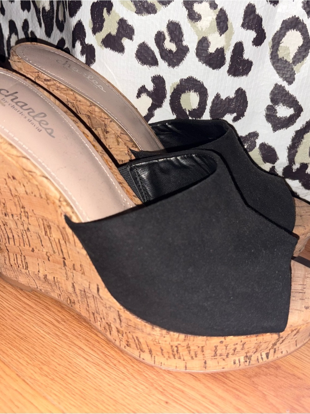Charles by Charles David Black Open-Toe Cork Wedge Mules (used)